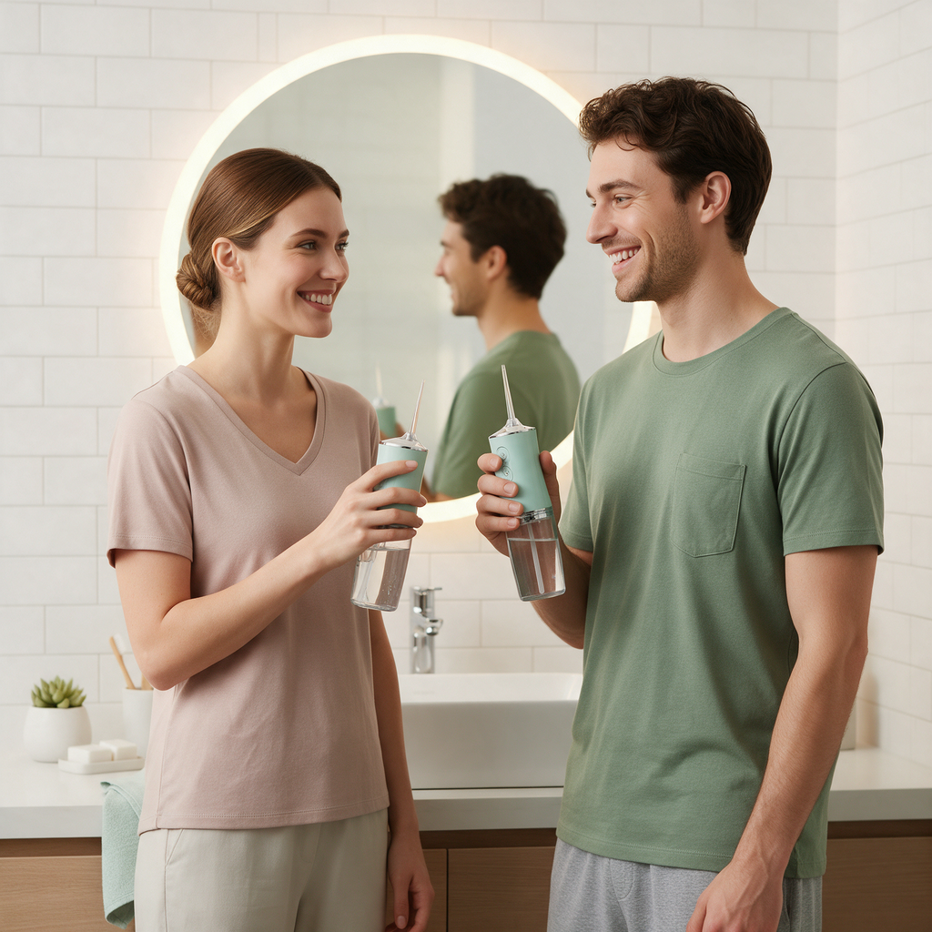 Two people using PureStream water flossers together in a bright bathroom