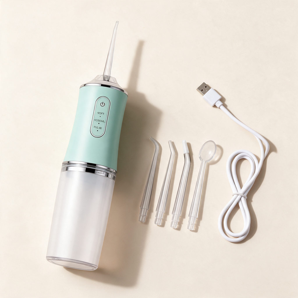 PureStream water flosser flat lay with all four nozzles and USB charging cable