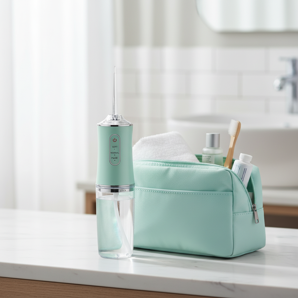 PureStream portable water flosser beside a travel toiletry bag