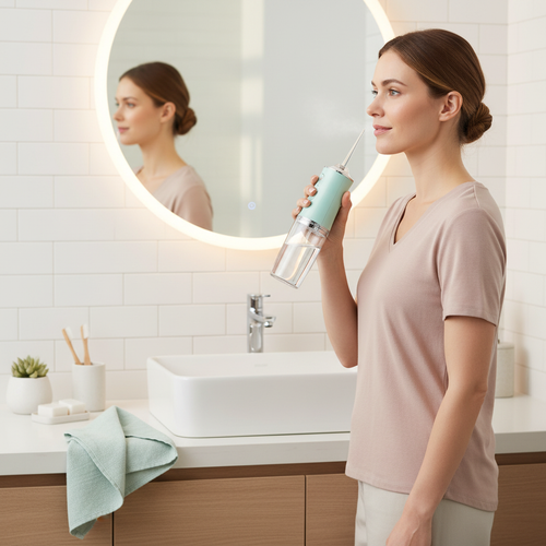 Person using the PureStream portable water flosser in a bright bathroom