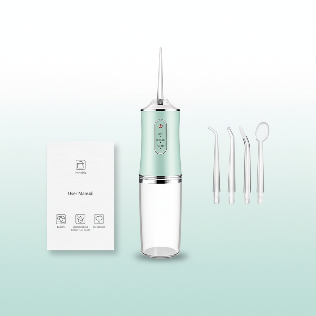 PureStream portable water flosser with four interchangeable nozzles and user manual
