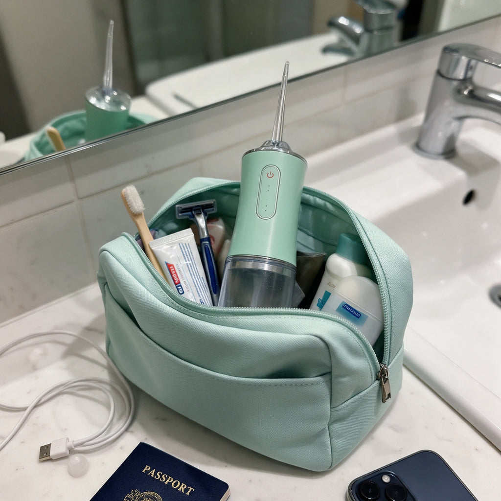 PureStream water flosser packed in a travel toiletry bag