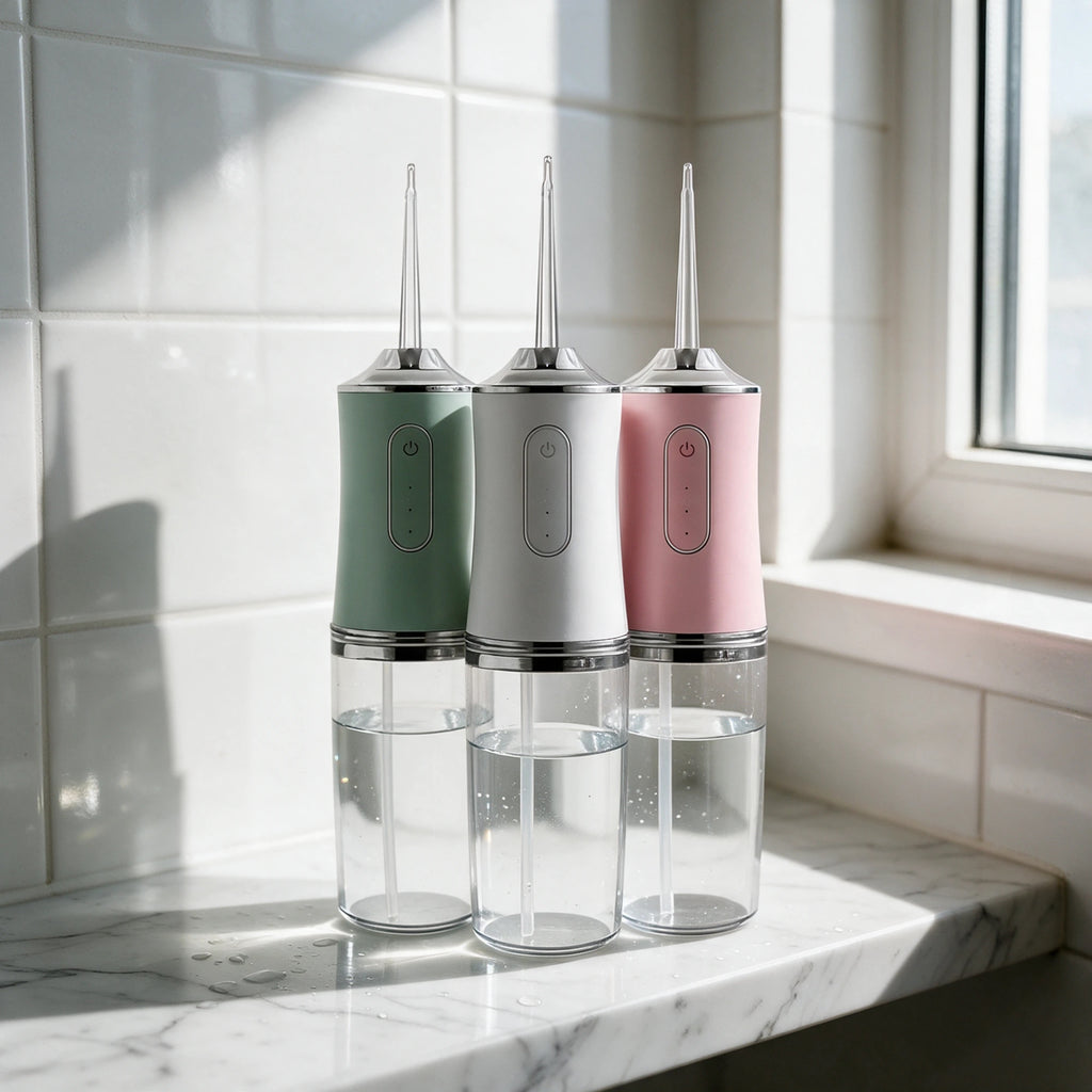 PureStream water flosser in green, white and pink on a marble shelf