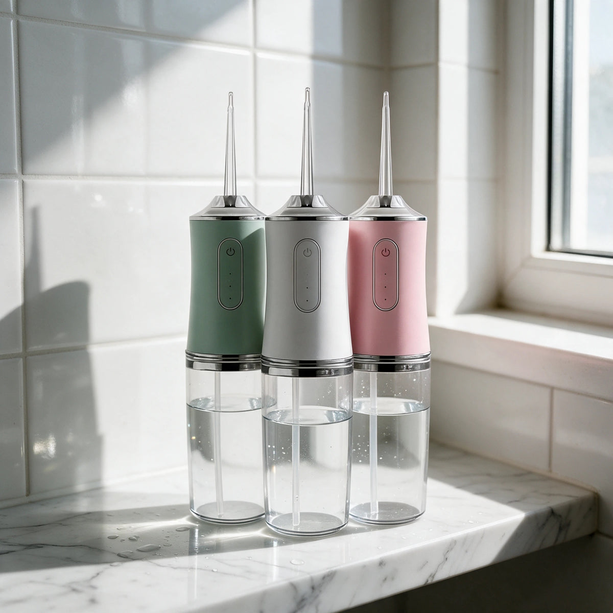 PureStream water flosser in green, white and pink on a marble shelf
